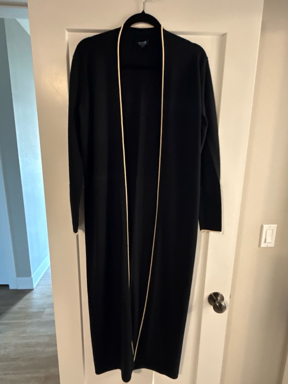 Black Long Open-Front Women's sweater with Contrast Trim